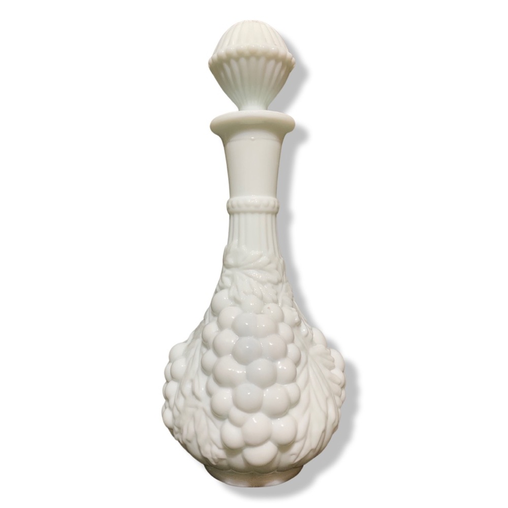Vintage Decanter/Genie Bottle Grape Pattern Imperial Glass Milk Glass
